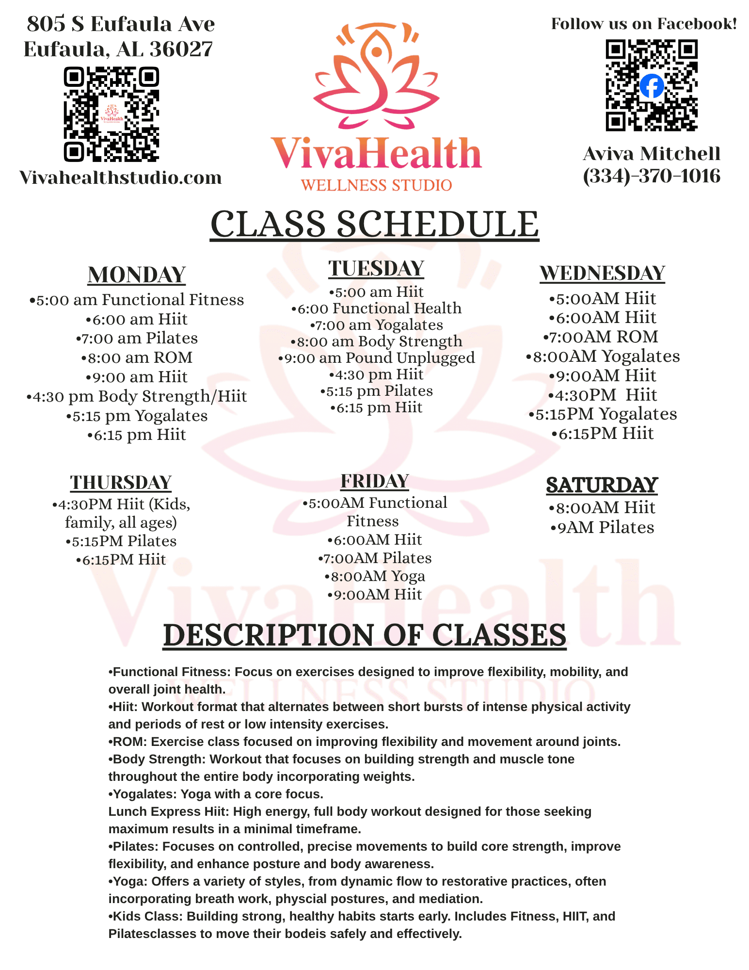 The regular VivaHealth class week, including Thursday Family HIIT for all ages