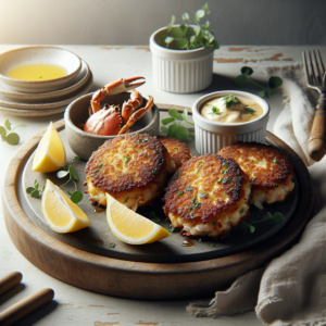 Golden-brown high-protein carnivore crab cakes served with lemon wedges and creamy keto sauce