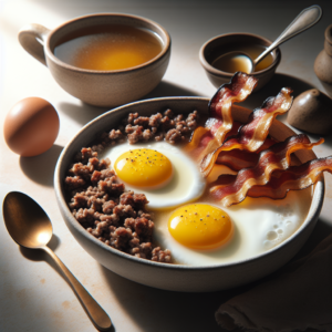 Carnivore Power Breakfast Bowls with ground beef, fried eggs, bacon, and bone broth
