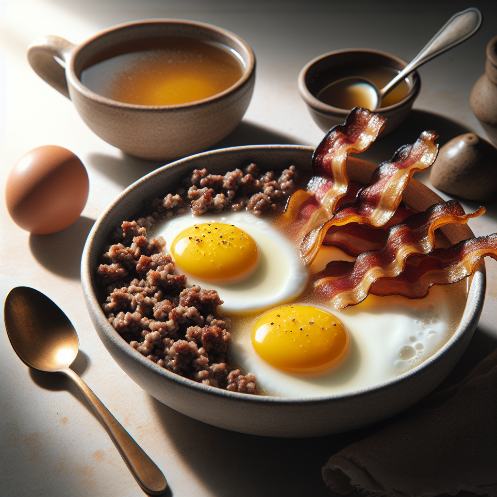 Carnivore Power Breakfast Bowls with ground beef, fried eggs, bacon, and bone broth