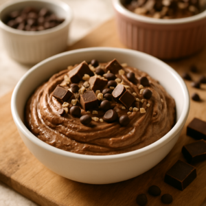 Editorial food photography of High-Protein Chocolate Mousse, natural light, styled but approachable, warm tones. Real food, no text or logos in the frame.